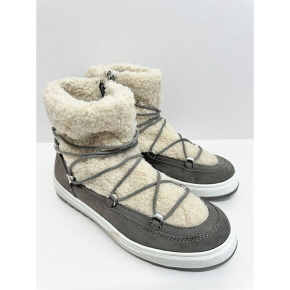 Blondo Winter Boot Size 9.5 Waterproof Gray Cream Suede Shearling Upper‎ Lace Up - Picture 1 of 11